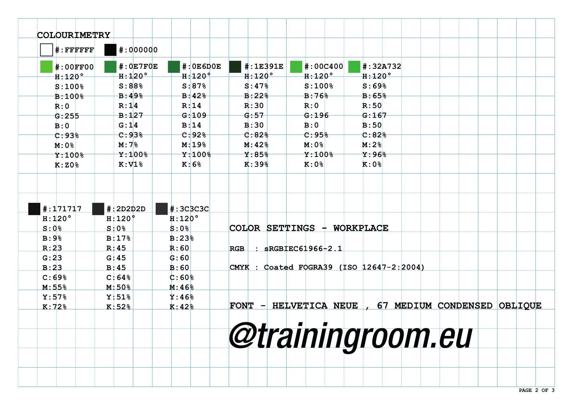 Training Room - colour system con specifiche RGB e CMYK