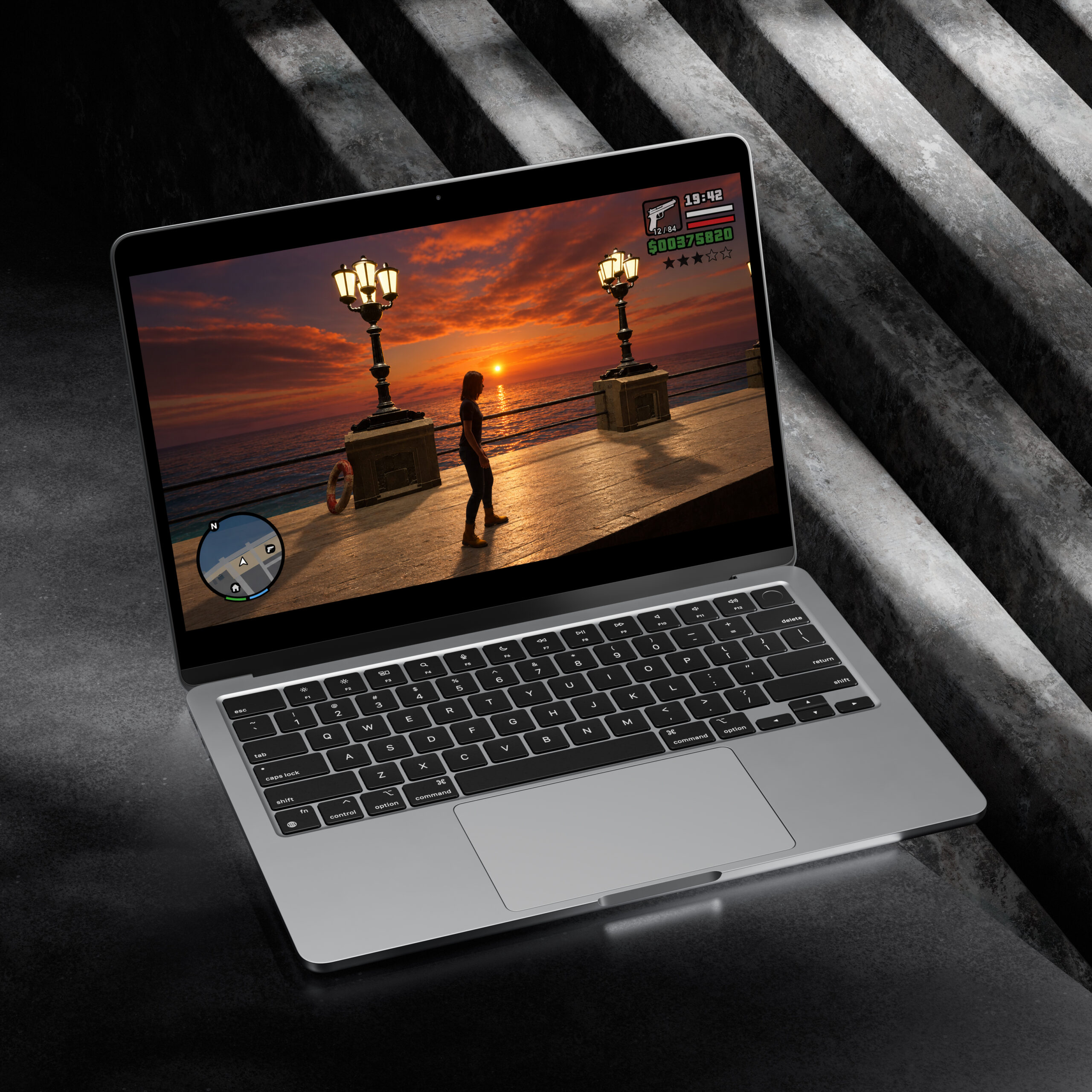 Mockup scenico del progetto Unreal Engine 5 ambientato a Bari, con impostazione cinematografica open-world.